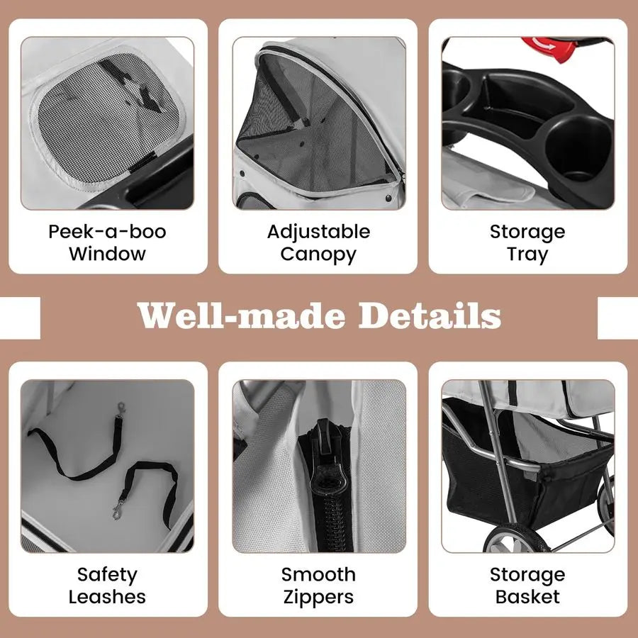 Folding Pet Stroller, Portable Pet Travel Pushchair with 4 Wheels, Safety Belt, Mesh Windows and Cup Holder, Pets Travel Carrie