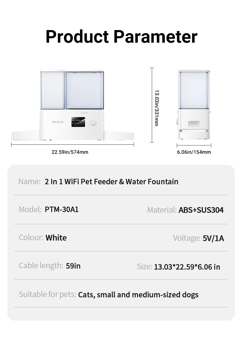 ROJECO 8.5L Automatic Pet Feeder Water Fountain WIFI APP Remote Control Smart Dog 5L Food Dispenser 3.5L Gravity Water Drinker 