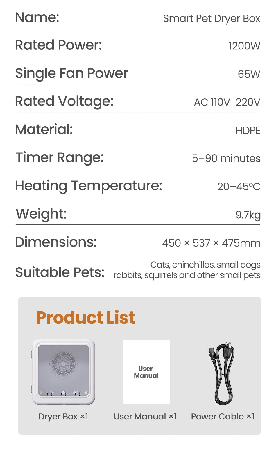 ROJECO Automatic Pet Drying Box 70L Smart Temperature Control Drying Pet Hair Grooming For Dog Cat Dryer 4 Speeds Ultra Quiet