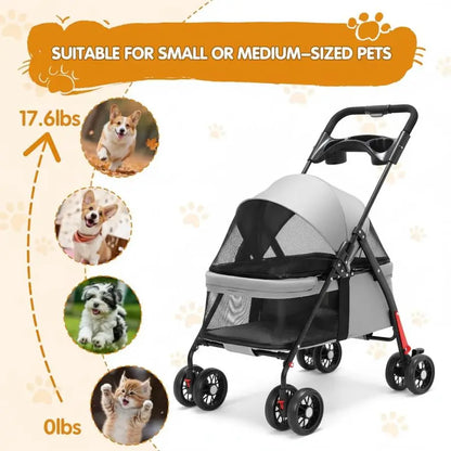 Pet Travel Stroller,Foldable 4Wheel Pushchair for Cats amp Small Dogs,Includes Cup Holder,Comfortable Trolley for Puppies,Grey