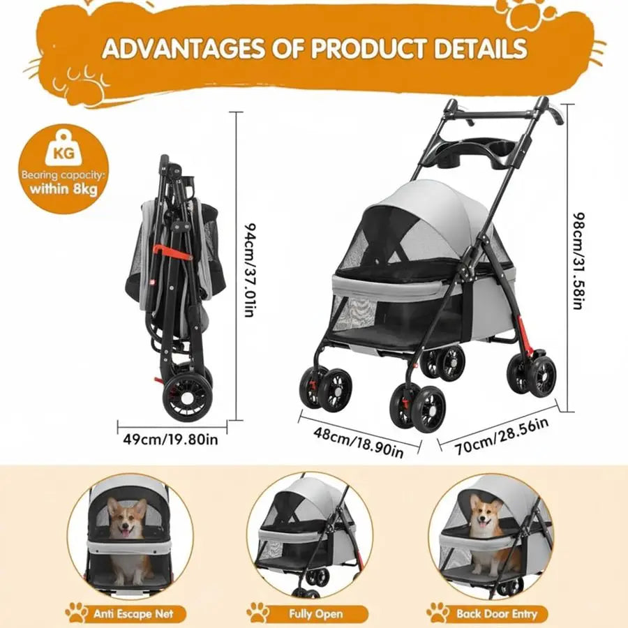 Pet Travel Stroller,Foldable 4Wheel Pushchair for Cats amp Small Dogs,Includes Cup Holder,Comfortable Trolley for Puppies,Grey