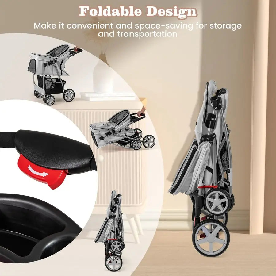 Folding Pet Stroller, Portable Pet Travel Pushchair with 4 Wheels, Safety Belt, Mesh Windows and Cup Holder, Pets Travel Carrie