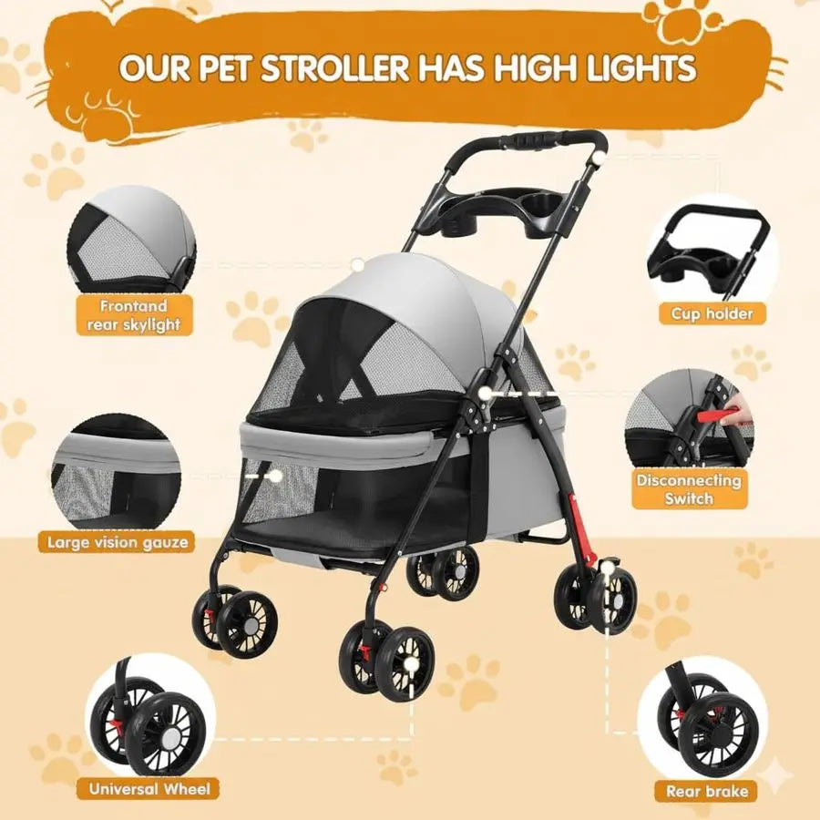 Pet Travel Stroller,Foldable 4Wheel Pushchair for Cats amp Small Dogs,Includes Cup Holder,Comfortable Trolley for Puppies,Grey