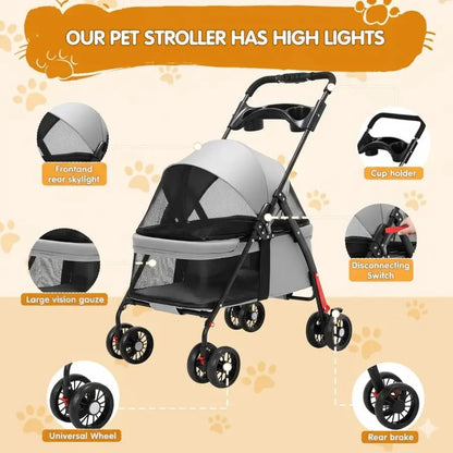 Pet Travel Stroller,Foldable 4Wheel Pushchair for Cats amp Small Dogs,Includes Cup Holder,Comfortable Trolley for Puppies,Grey