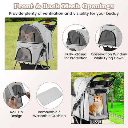 Folding Pet Stroller, Portable Pet Travel Pushchair with 4 Wheels, Safety Belt, Mesh Windows and Cup Holder, Pets Travel Carrie