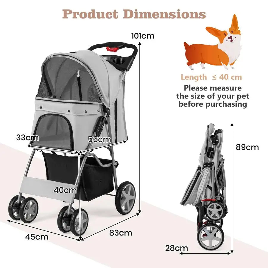 Folding Pet Stroller, Portable Pet Travel Pushchair with 4 Wheels, Safety Belt, Mesh Windows and Cup Holder, Pets Travel Carrie
