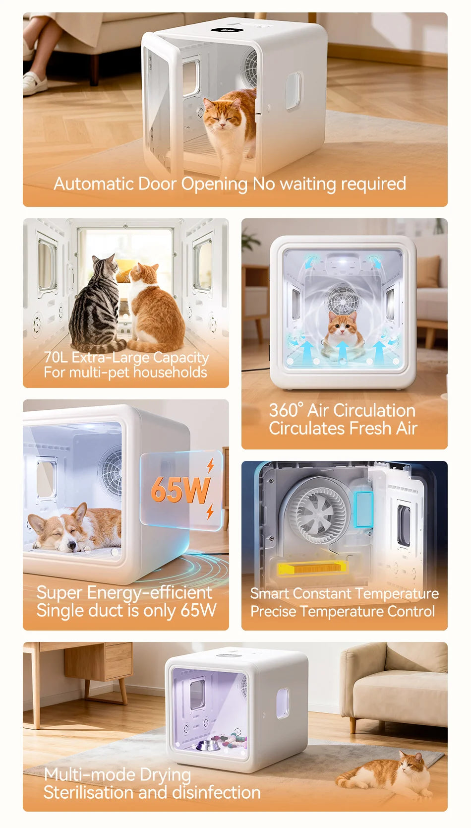 ROJECO Automatic Pet Drying Box 70L Smart Temperature Control Drying Pet Hair Grooming For Dog Cat Dryer 4 Speeds Ultra Quiet