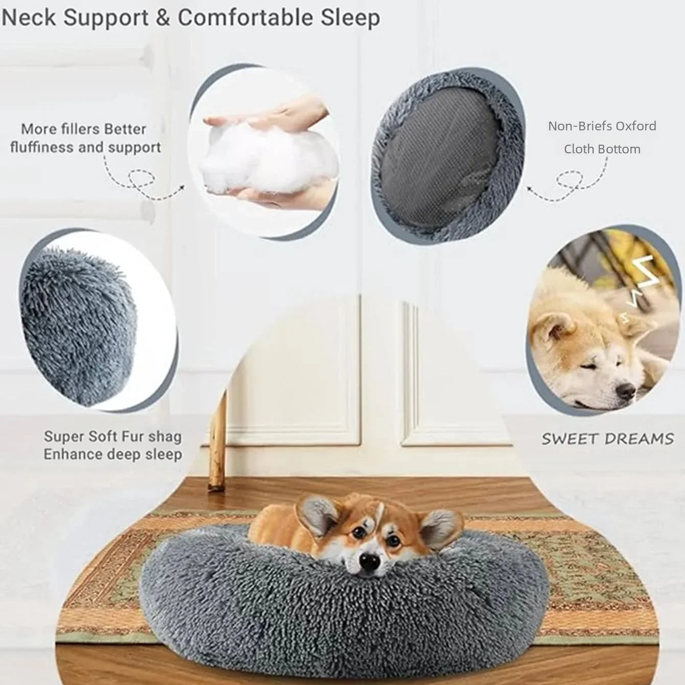 Round Plush Pet Bed — Super Soft Dog & Cat Bed, 6 Sizes (40-90cm)