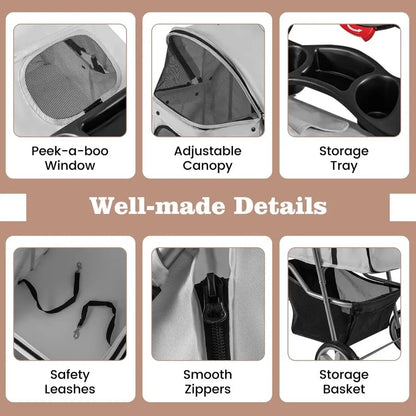 Folding Pet Stroller, Portable Pet Travel Pushchair with 4 Wheels, Safety Belt, Mesh Windows and Cup Holder, Pets Travel Carrie