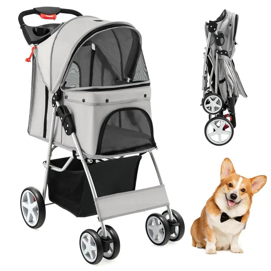 Folding Pet Stroller, Portable Pet Travel Pushchair with 4 Wheels, Safety Belt, Mesh Windows and Cup Holder, Pets Travel Carrie