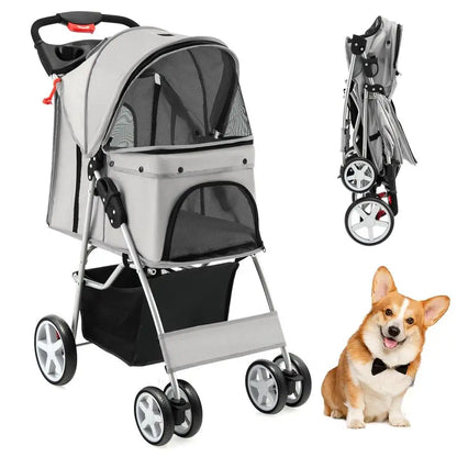 Folding Pet Stroller, Portable Pet Travel Pushchair with 4 Wheels, Safety Belt, Mesh Windows and Cup Holder, Pets Travel Carrie