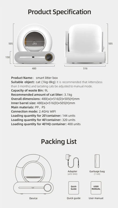 65L Smart Self-Cleaning Cat Litter Box — Fully Enclosed Auto Cat Toilet with App Control