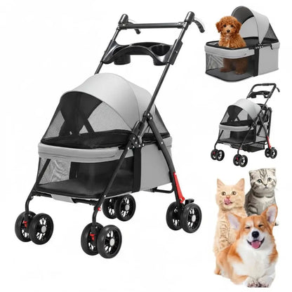 Pet Travel Stroller,Foldable 4Wheel Pushchair for Cats amp Small Dogs,Includes Cup Holder,Comfortable Trolley for Puppies,Grey
