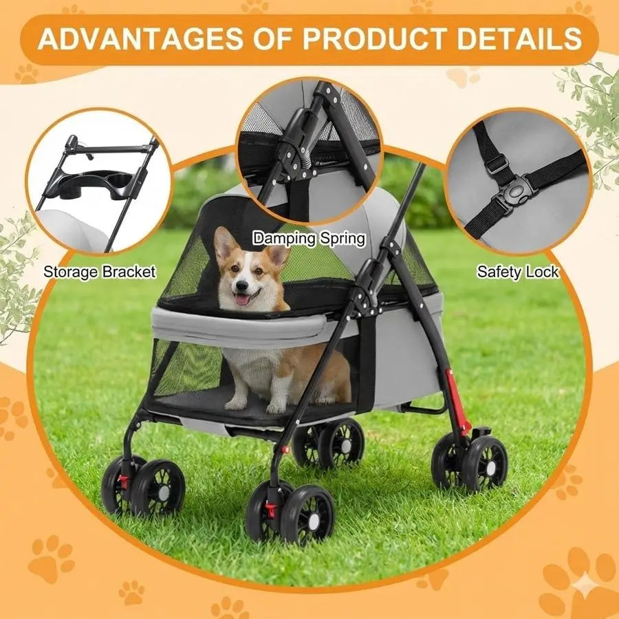 Pet Travel Stroller,Foldable 4Wheel Pushchair for Cats amp Small Dogs,Includes Cup Holder,Comfortable Trolley for Puppies,Grey