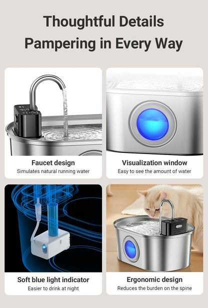 ROJECO 3.2L Stainless Steel Cat Water Fountain Wireless Sensor Smart Automatic Dog Water Dispenser Drinking Fountain 4000mAh