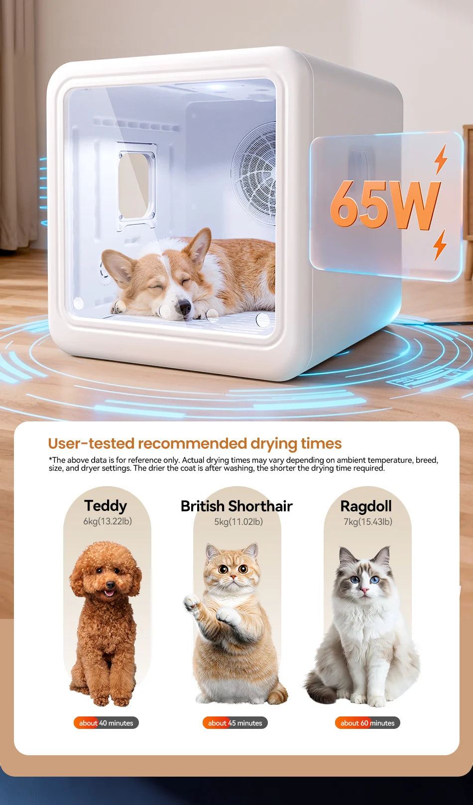 ROJECO Automatic Pet Drying Box 70L Smart Temperature Control Drying Pet Hair Grooming For Dog Cat Dryer 4 Speeds Ultra Quiet