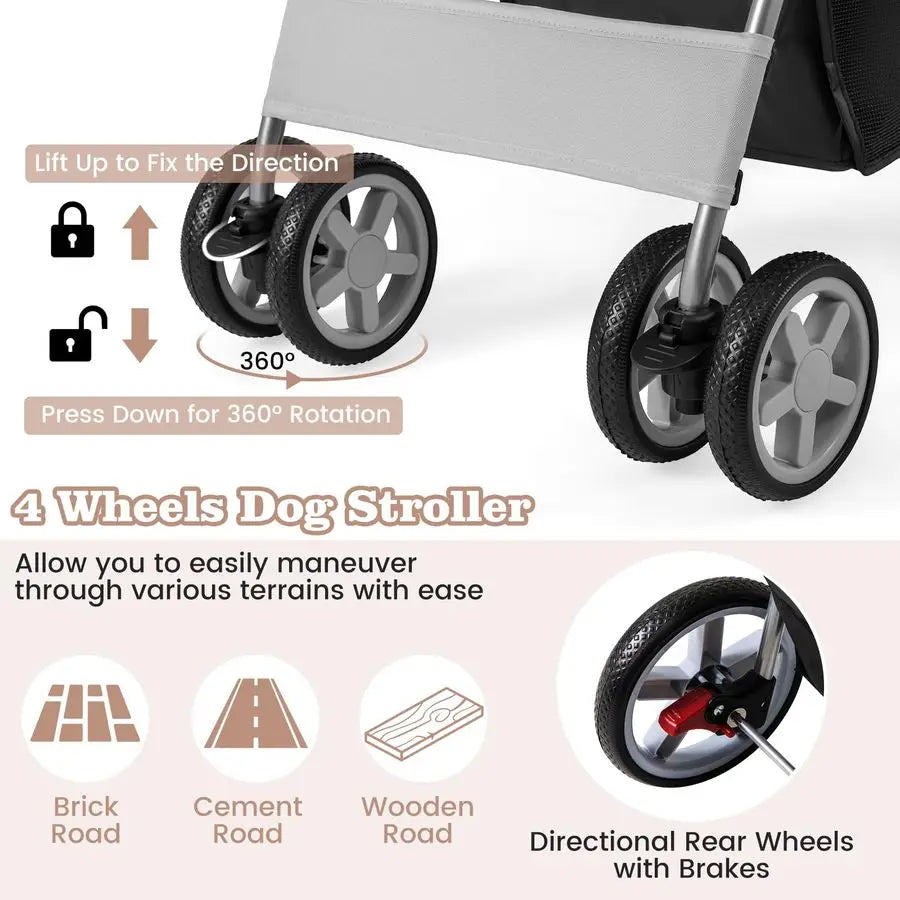 Folding Pet Stroller, Portable Pet Travel Pushchair with 4 Wheels, Safety Belt, Mesh Windows and Cup Holder, Pets Travel Carrie