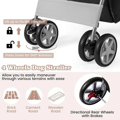 Folding Pet Stroller, Portable Pet Travel Pushchair with 4 Wheels, Safety Belt, Mesh Windows and Cup Holder, Pets Travel Carrie