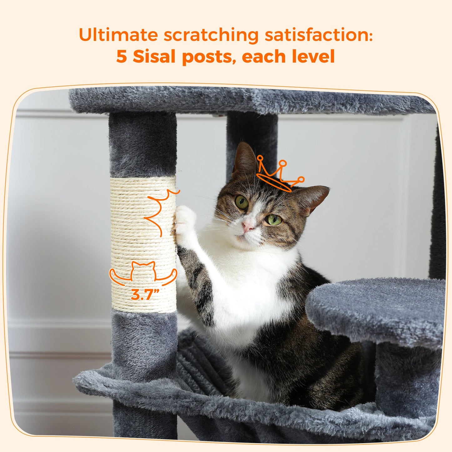 室內貓用大型貓樹和貓塔，附有劍麻貓抓柱、寬敞吊床、軟墊棲木、貓公寓和貓玩具